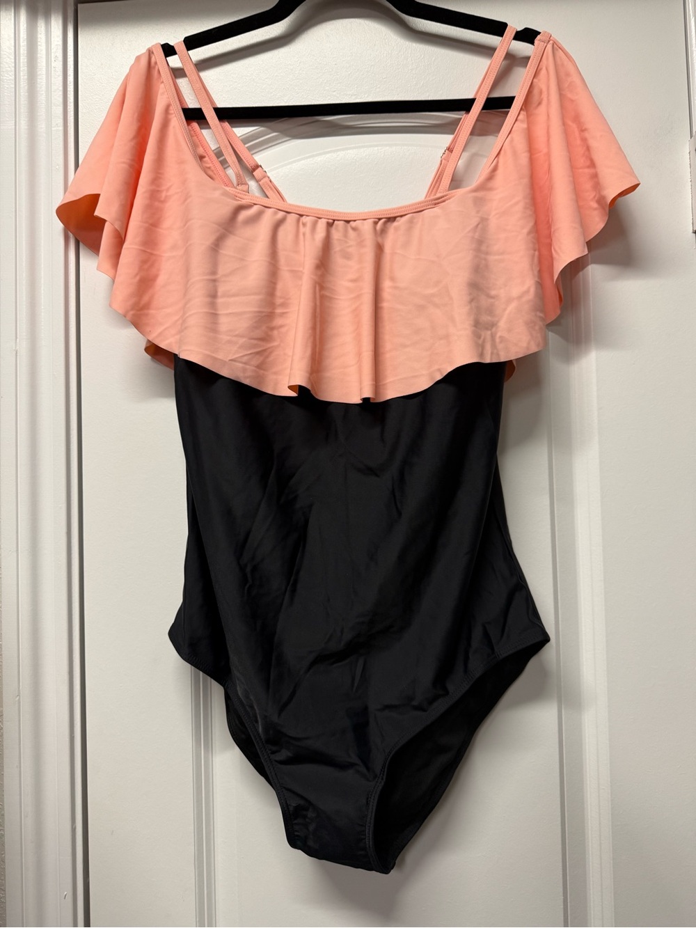 NWT Tempt Me XL One Piece Swimsuit Ruffle Off Shoulder Black & Peach